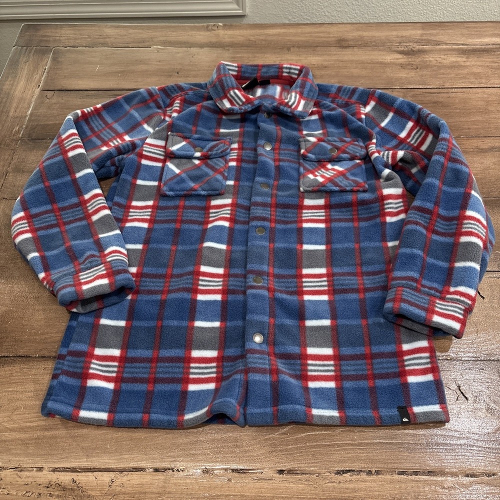 Quicksilver Flannel Shirt Youth Medium 14/16Blue Plaid Fleece Button Outdoor Top